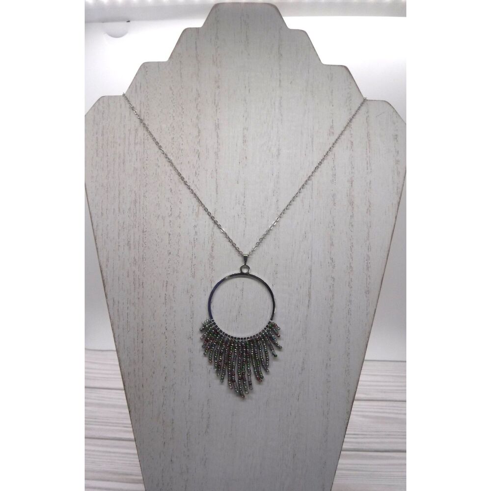 Necklace Silver w/ Multicolored Beaded Pendant